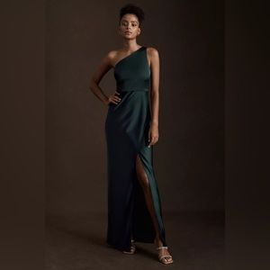 BHLDN Dylan One-Shoulder Satin Side-Slit Gown (dark emerald, 8)